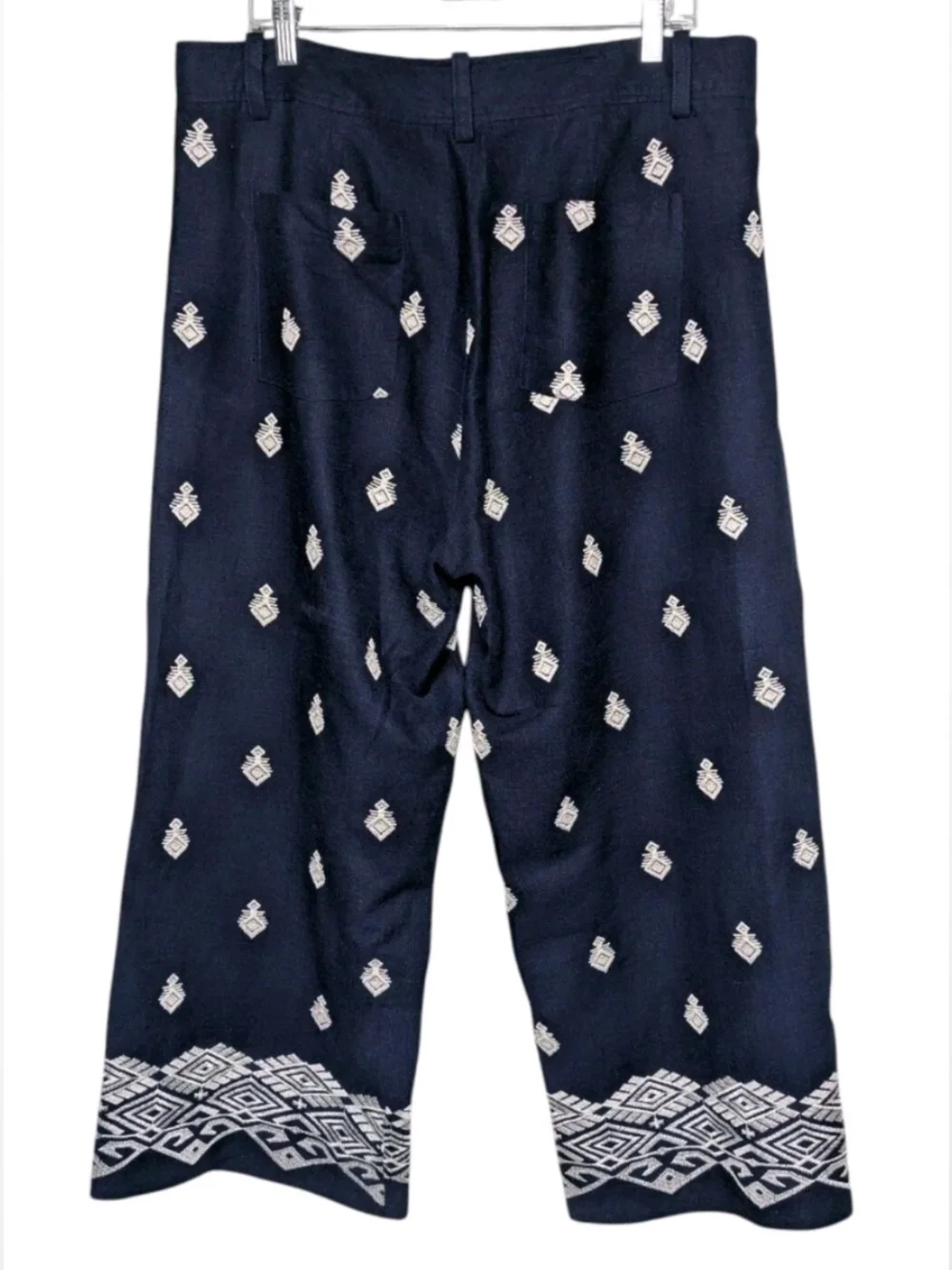 Zara Embroidered Linen Blend Crop Wide Leg Pants 2XL XXL Navy Cream